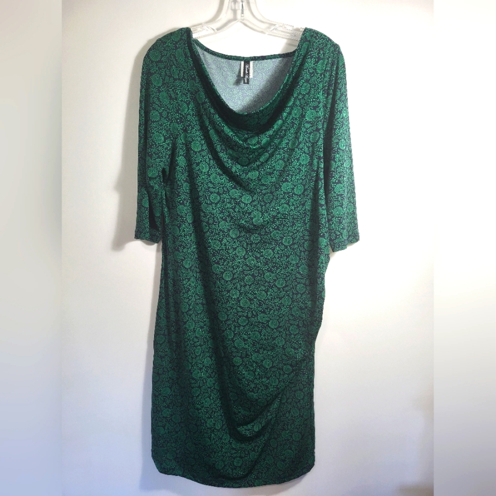 Marcelle Margaux black and green botanical midi dress women's L  #2065